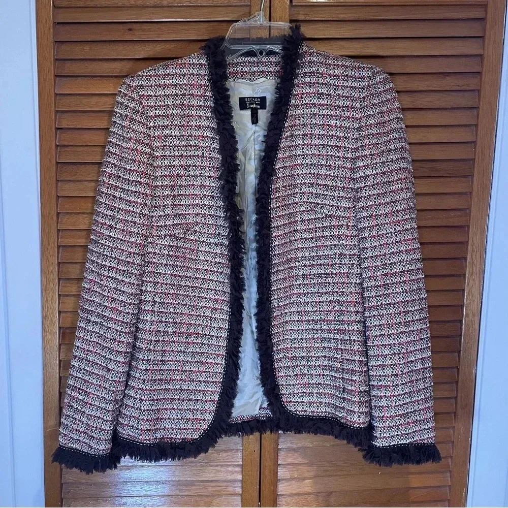 ESCADA Exclusive For Neiman Marcus Tweed Checked Jacket with Brown Trim Size 34 - Picture 1 of 11